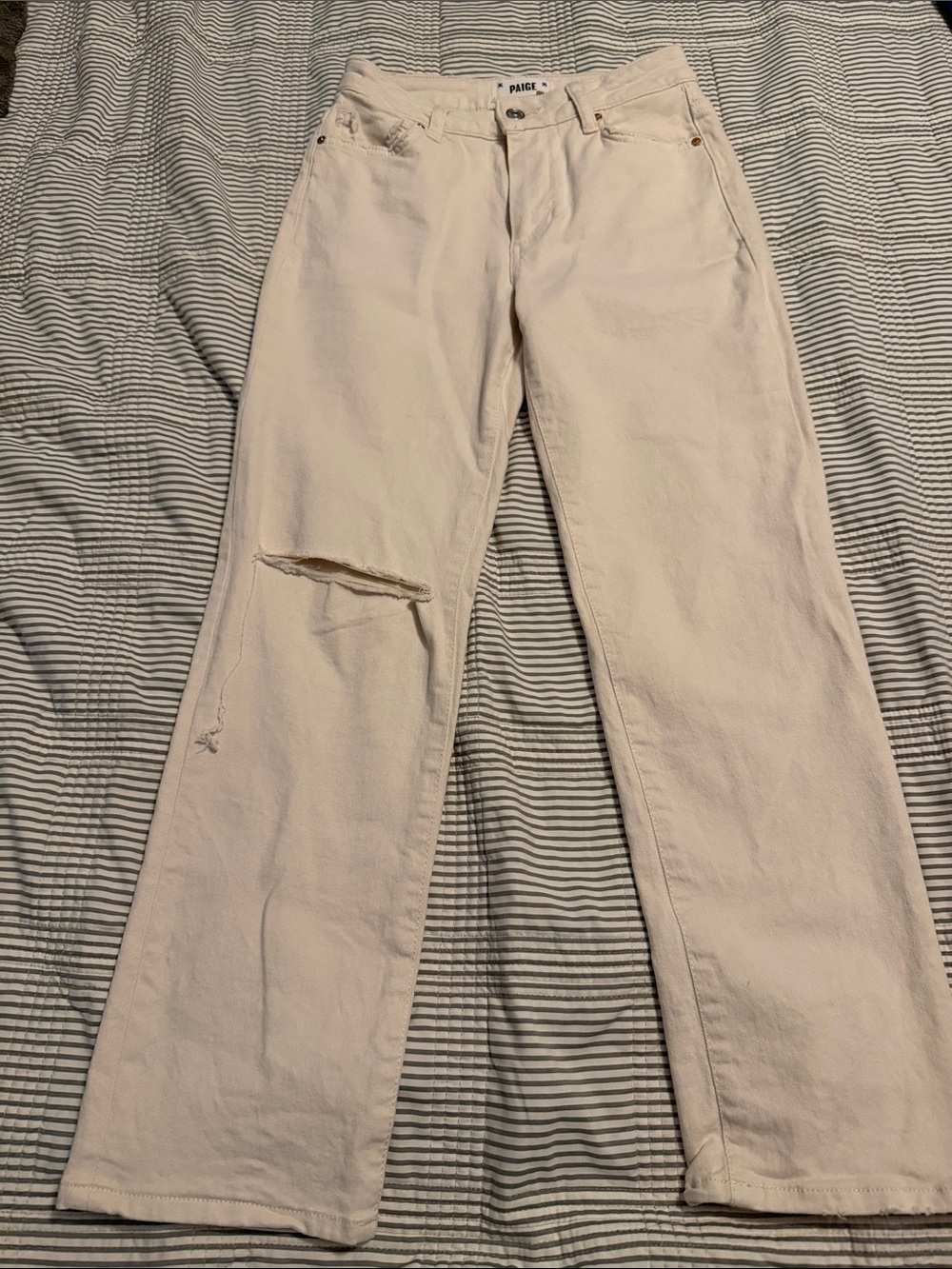 PAIGE Cream Distressed Straight-Leg Jeans